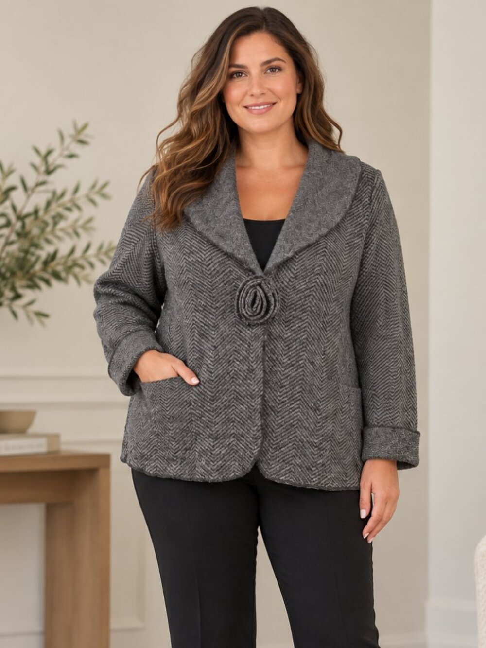 Avellini 100% Wool Herringbone Shawl Collar Sweater Jacket Gray Size L